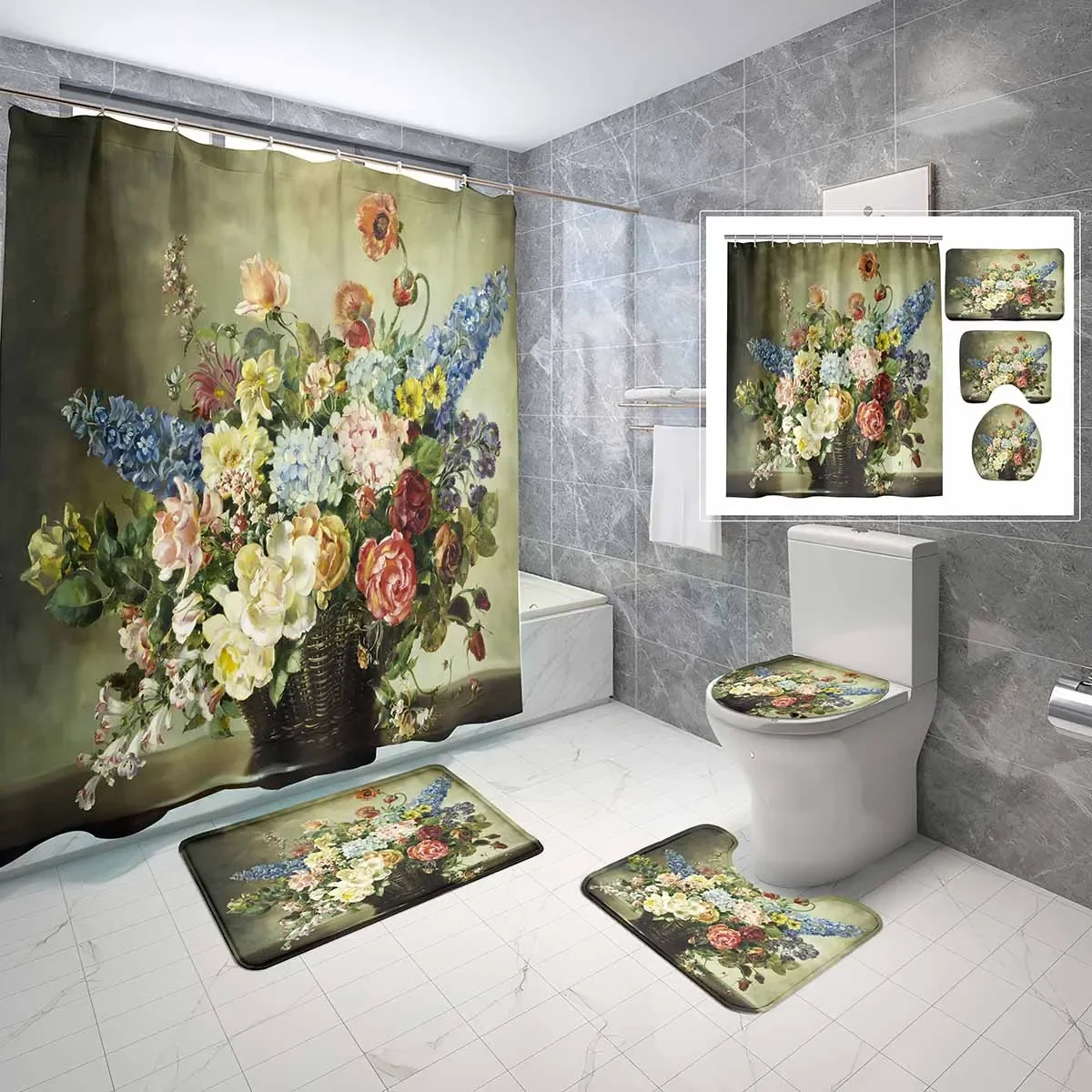 

Oil Painting Rustic Floral Shower Curtain 4 Pcs Set with Toilet Cover Bath Mat Garden Botanical Watercolor Flowers Bath Curtain
