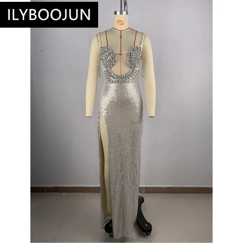 Women Summer Sexy Crystal Diamonds Silver Sequins Long Bodycon Dress 2024 Elegant Party Evening Stage Performance Dress Vestido