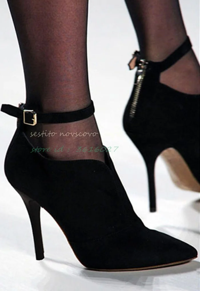 Pointed Toe Black Suede Ankle Boots V Collar Back Zip High Heels Sandals Booties Ankle Strap Buckle Sexy Ladies Dress Daily Shoe