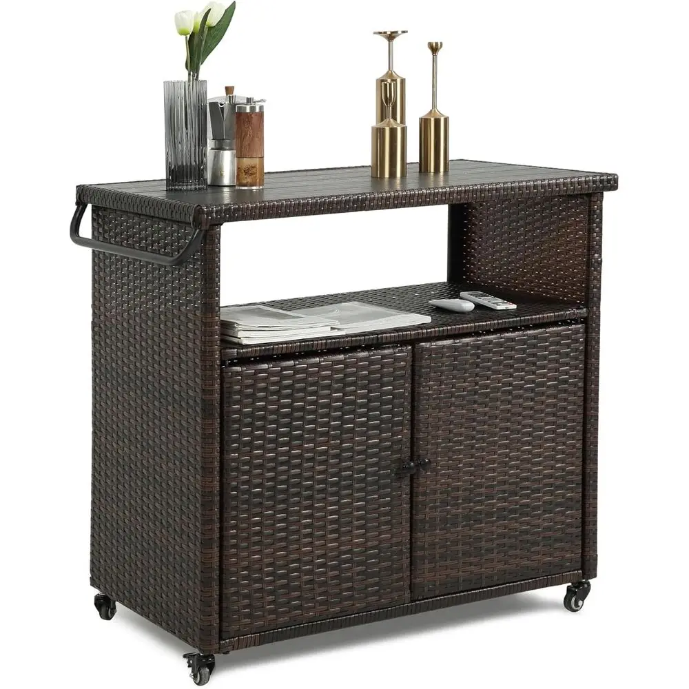 

Brown Outdoor Bar Cart with Storage, Serving Table on Wheels for Patio, Kitchen, Backyard