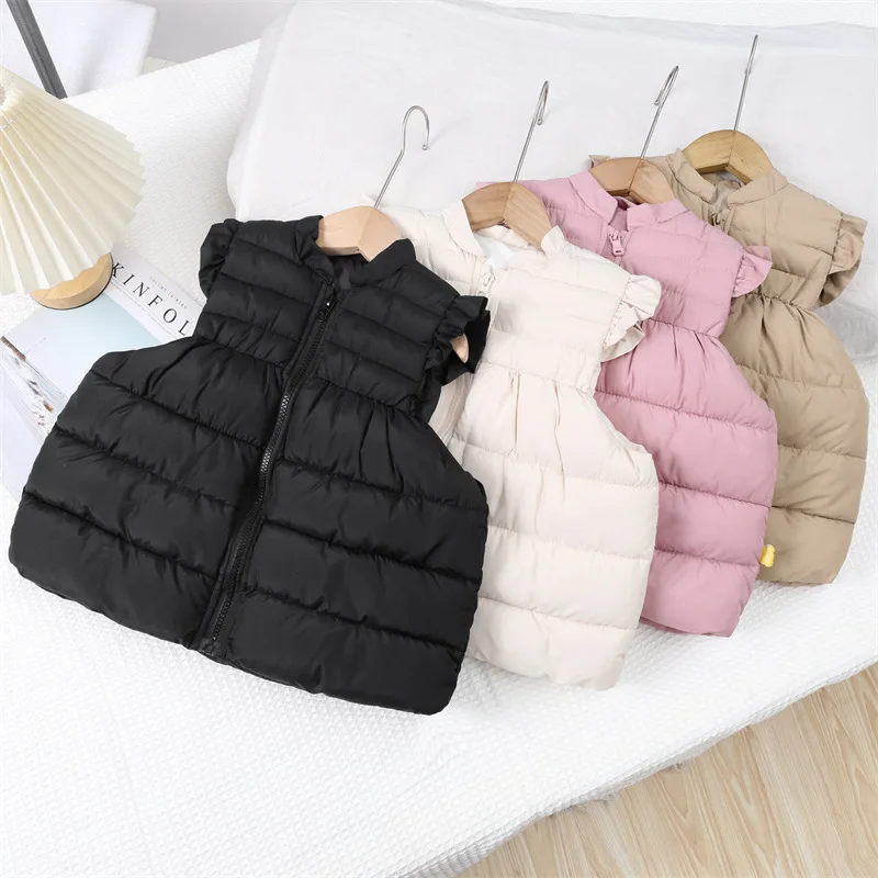 Winter Baby and Girls Plain Warm Cotton Full Zip Lovely Ruffled Puff Vest Child Waistcoat School Kids Outfit Tops For 1-10 Years