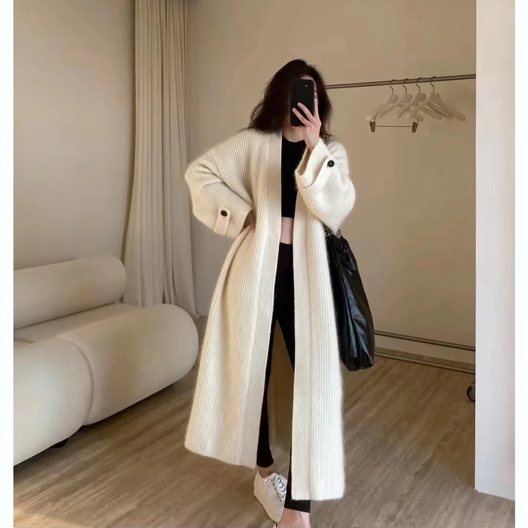 2026 Temperament Elegant Simple Style Knee Long Sweater Cardigan Women's Autumn and Winter New Loose Lazy Style Knitted Jacket