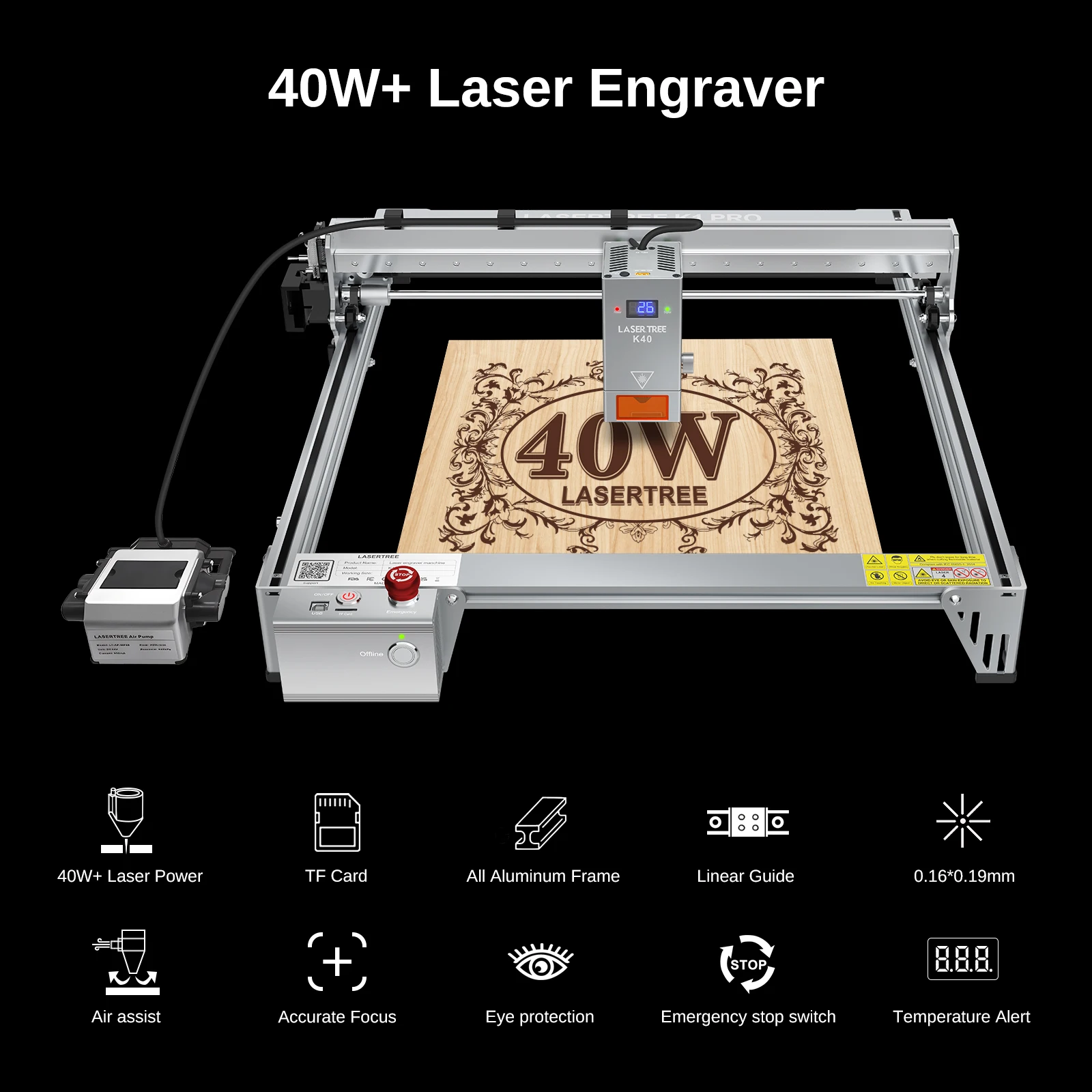 

LASER TREE K1 PRO 40W Engraver Cutter With 40W Optical Power Air Assist , 400x400mm Area, For Wood Acrylic MDF Woodworking Tool