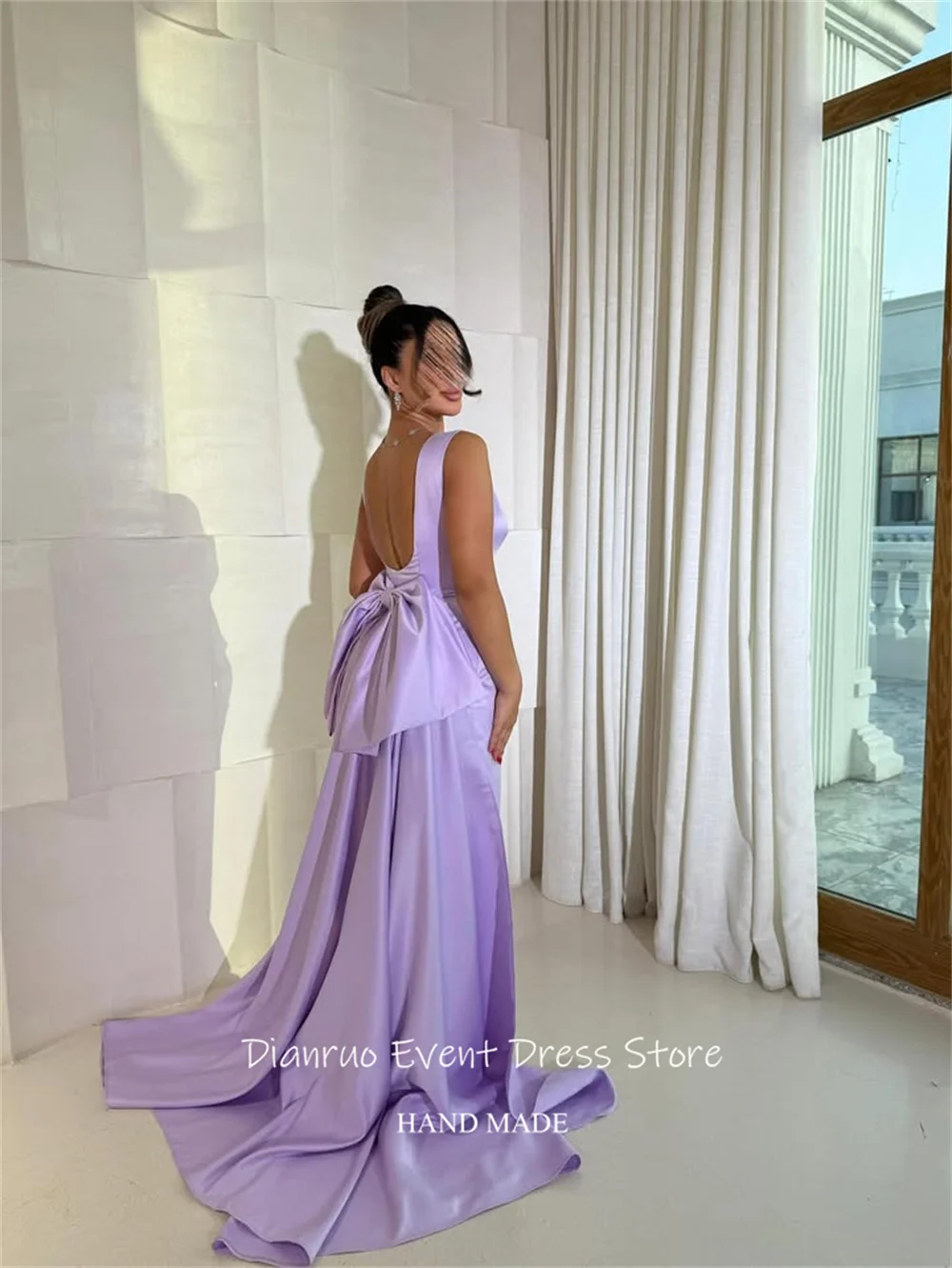 Dianruo Straight Backless Round Neck Evening Dresses 2025 Back Bow Formal Prom Gown Train Style Chic Summer Dresses Customized