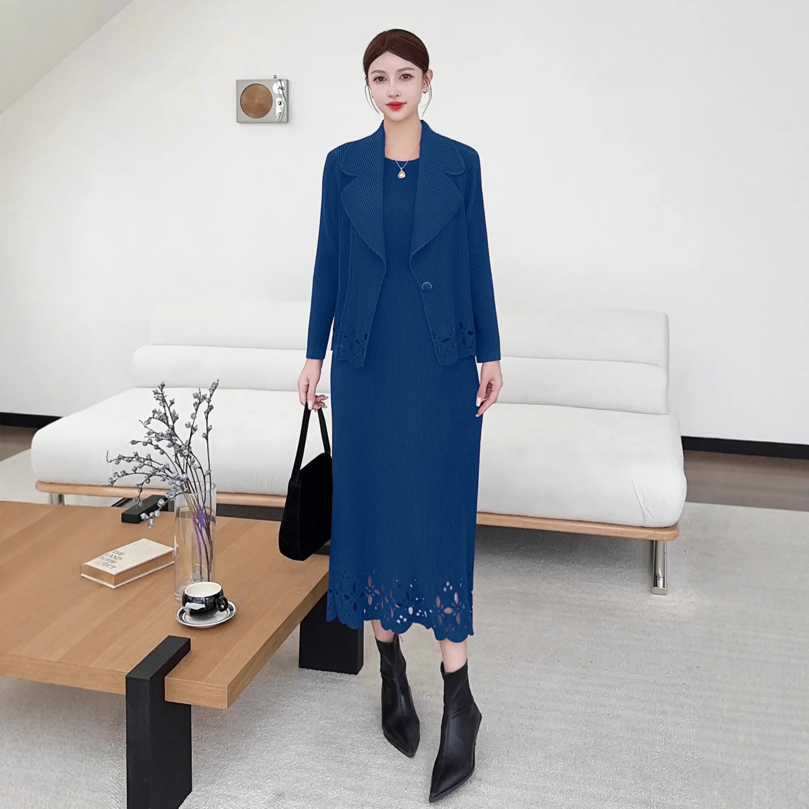 

Miyake Pleated Skirt Suit for Women 2025 New Solid Color Suit Collar Hollow Jacket Top + Dress Elegant Large Size Two-piece Set