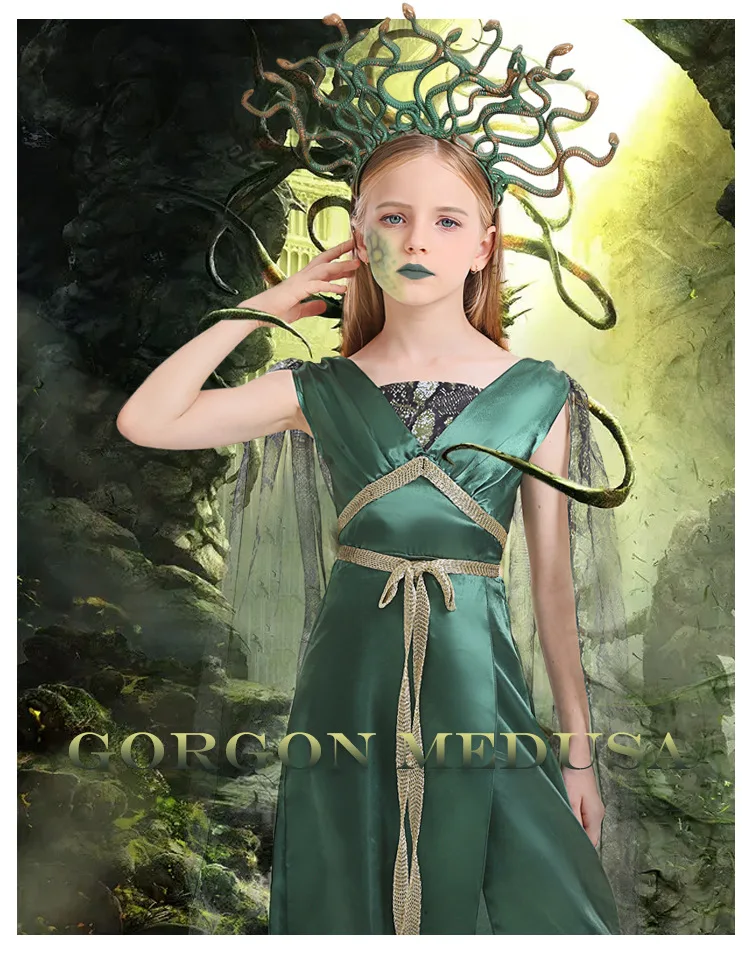 

Greek Goddess Medusa Queen Cosplay Women Gorgon Costume Green Long Dress Mythology Stage Show Clothing Halloween Carnival