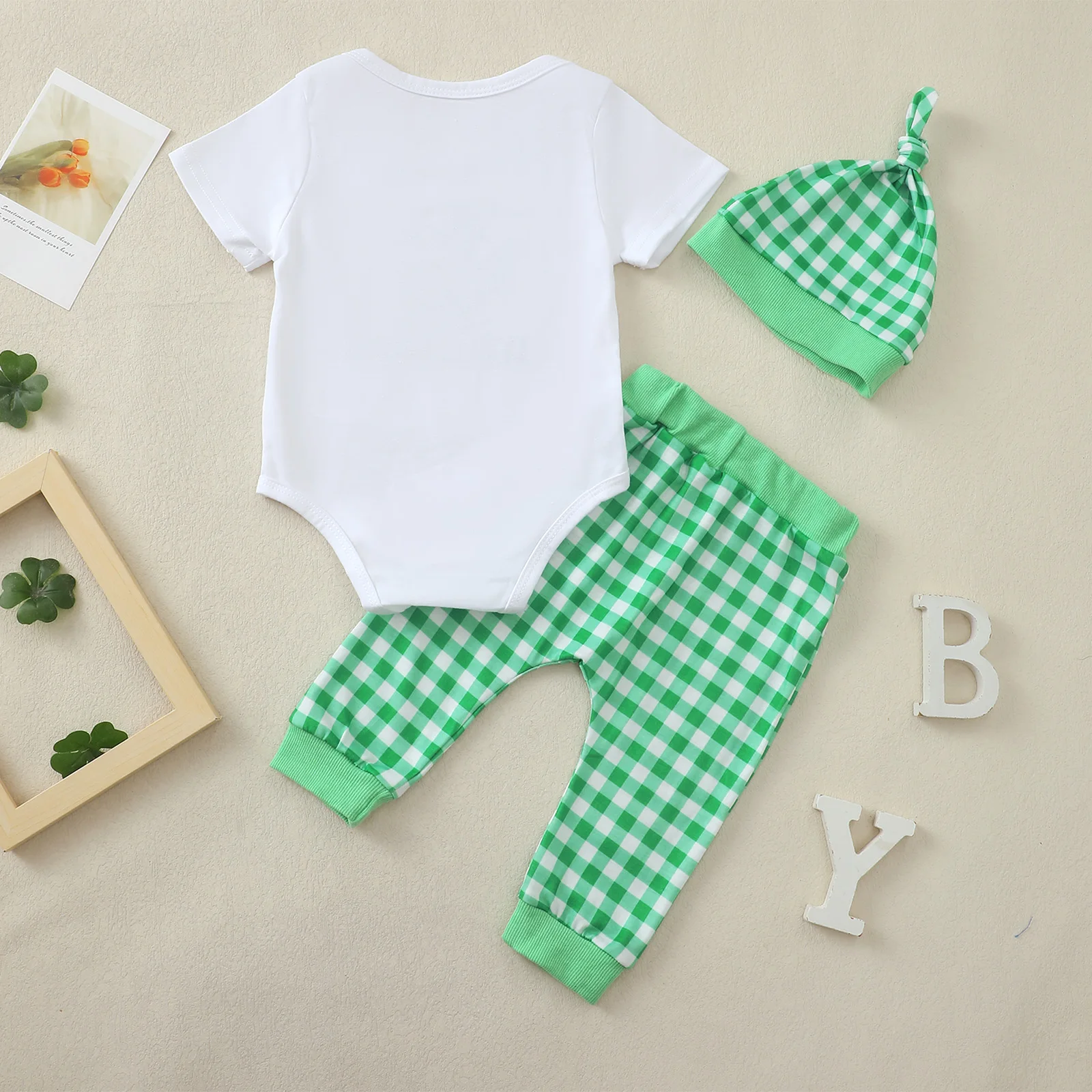 Baby Boy Short Sleeve Long Pants Set with Four-leaf Clover Patchwork Embroidery Pattern And Hat Infant Clothing Ensemble