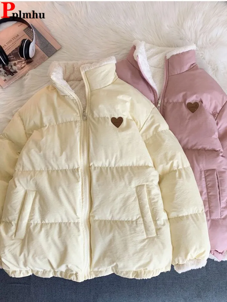 

Winter Warm Little Bear Love Heart Pattern Plush Short Parkas Jackets Korean Lamb Lined Parcas Chaquetas Casual Thicken Jaqueta