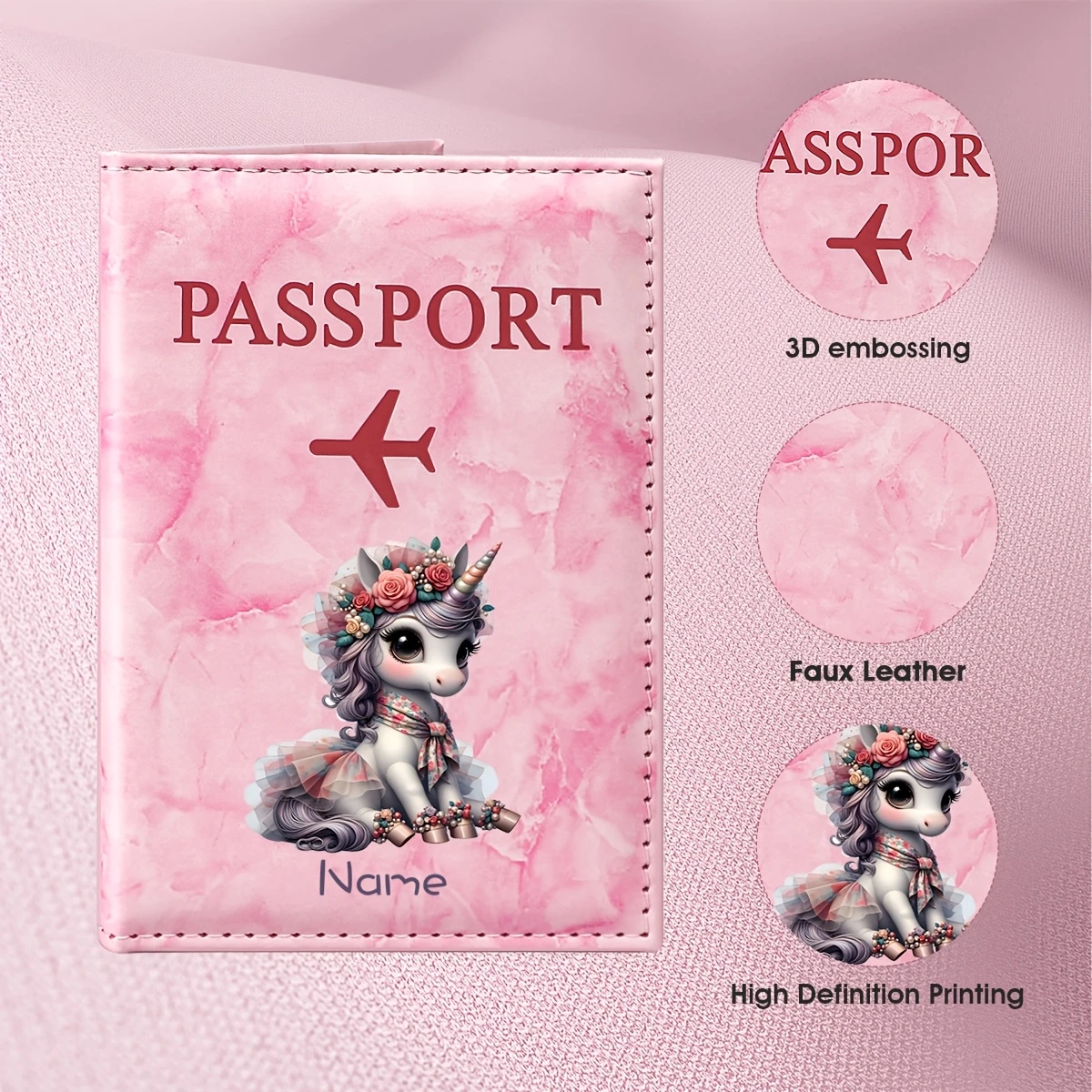 Custom Personalized Name Design Fantasy Unicorn Illustration Passport Holder, Featuring a Seated Unicorn Wearing a Floral Crown