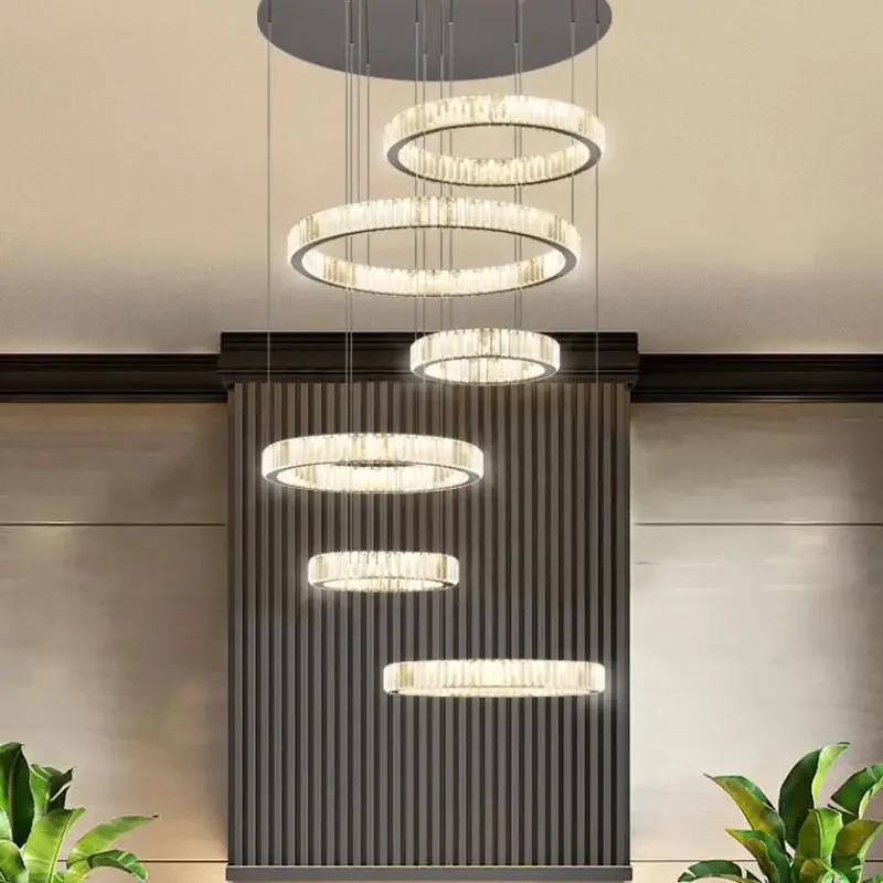 

Hotel Hall Luxury Steel Led Rc Dimmable Pendant Lights Lustre K9 Crystal Hanging Lamp Villa Living Room Circle Led Pendant Lamp