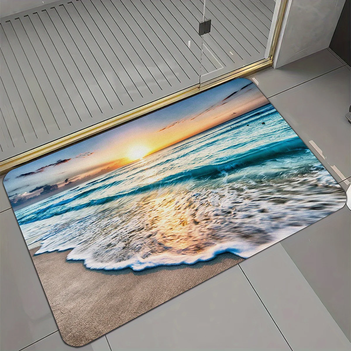 Sunset Beach 3D Printed Flannel Rug Bathroom Mat Ocean View Home Decor Coastal Theme Sea Waves Pattern Toilet Floor Entrance Art