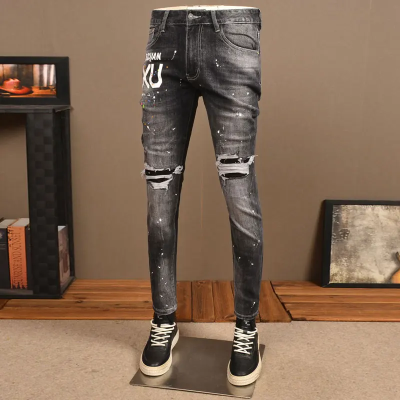 Street Fashion Men Jeans Retro Black Gray Stretch Slim Fit Printed Ripped Jeans Men Painted Designer Hip Hop Denim Pants Hombre