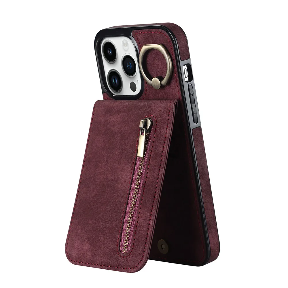Reißverschluss Kartenhalter Leder Brieftasche Handyhülle für iPhone 14 15 16 Pro Max 12 11 13 XS X XR 8 7 Plus Anti-Drop Kickstand Cover