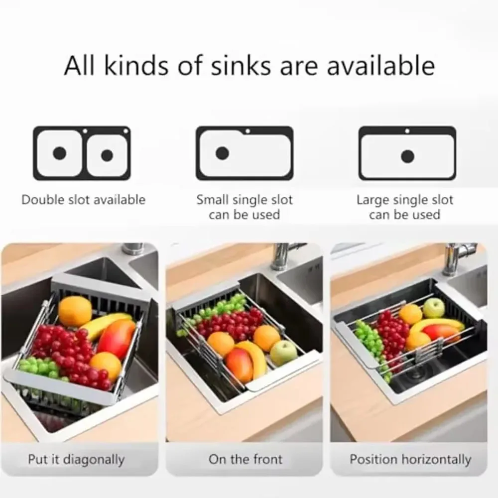 Expandable Stainless Steel Sink Drain Basket,Collapsible Kitchen Dish Drying Rack with Draining Filter Grid,Sink Organizer Tray view 6