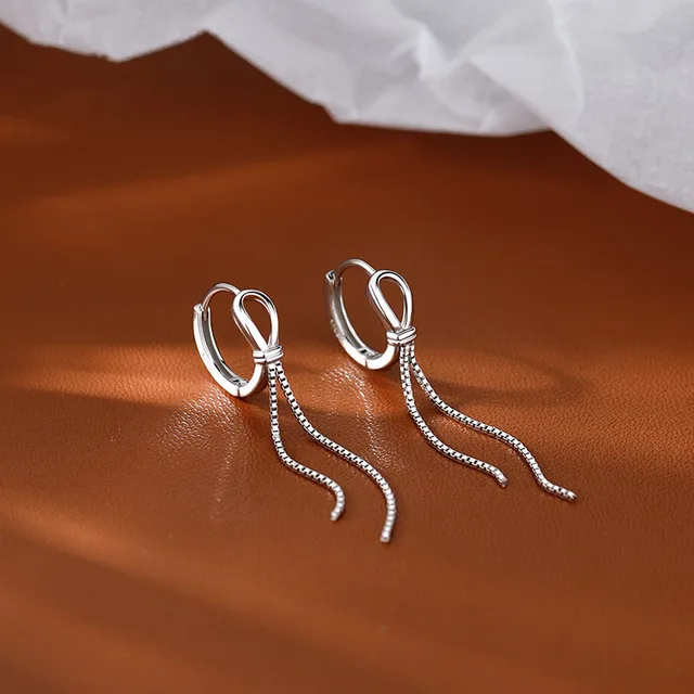 LByzHan minimalistyczny oryginalna 925 Sterling Silver Fashion Box Chain Tassel kolczyki w kształcie obręczy dla kobiet biżuteria ślubna na prezent