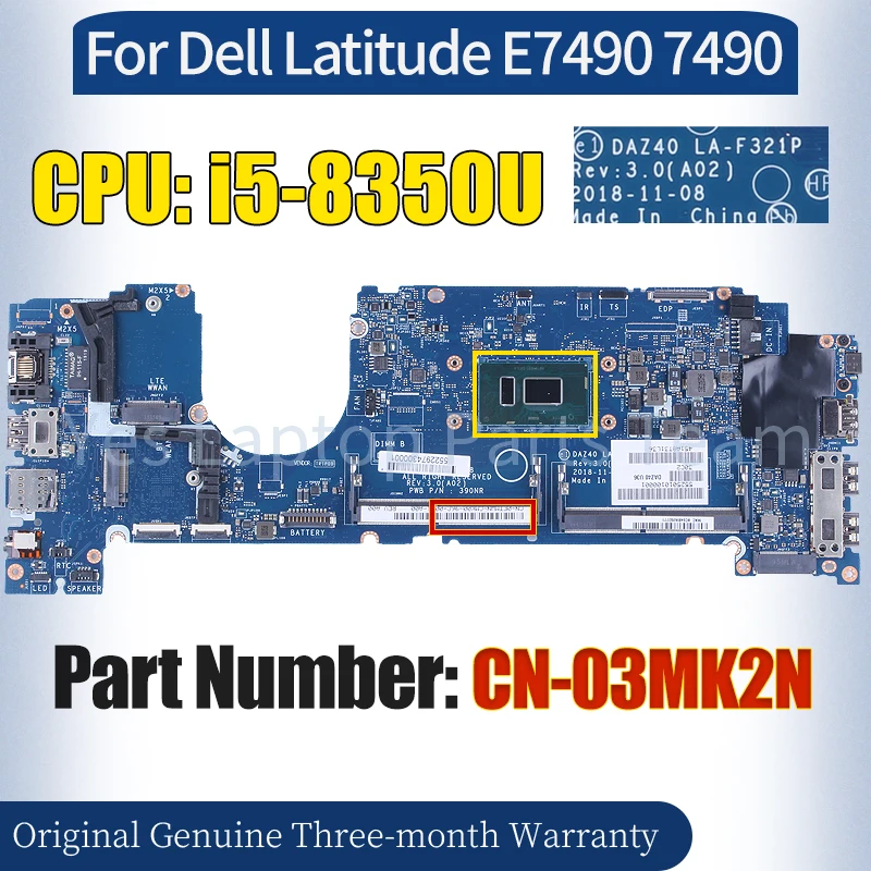 

DAZ40 LA-F321P For Dell Latitude E7490 7490 Laptop Mainboard CN-03MK2N SR3L9 i5-8350U 100％ Tested Notebook Motherboard