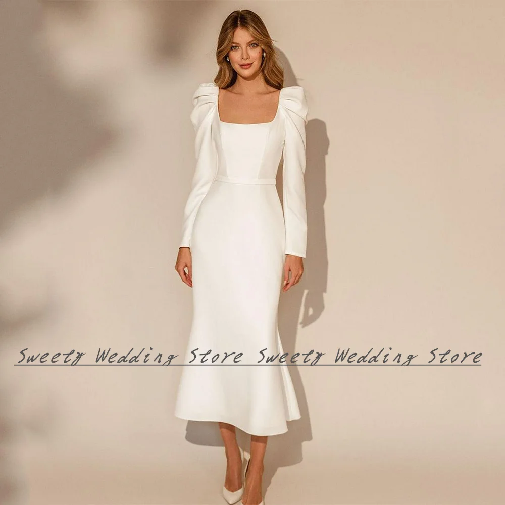 

Jiayigong Modern Wedding Dress Square Neck Long Sleeves Simple Stretch Bridal Gown Tea Length Robe Mariee Bride Dresses