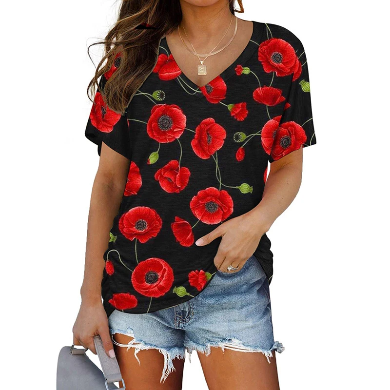 New Sunflower T-shirt Polka Dot 3D Print Short Sleeve V-Neck Tees Women Tops Streetwear Harajuku Oversized T Shirts Y2k Clothing