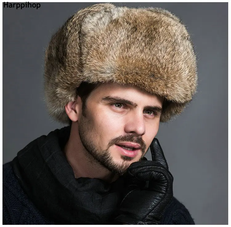 High Quality Mens 100% Real Rabbit Fur Winter Hats Lei Feng hat With Ear Flaps Warm Snow Caps Russian Hat Bomber Cap