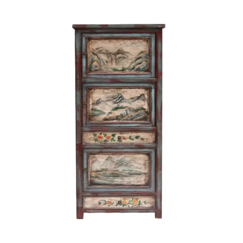 

Chinese antique classic retro reproduction hand-painted imitation old gray solid wood wardrobe