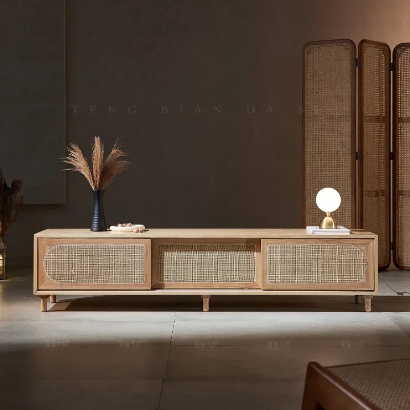 

Japanese-Style Simple Rattan Solid Wood TV Cabinet Floor Log Storage Cabinet Nordic Living Room B & B Locker