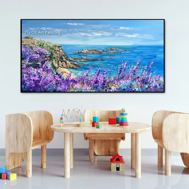 Modern Beautiful Ocean Side View Wall Art Decor Items For Living Room Hand Made Purple Blue Flowers By The Sea Oil Painting