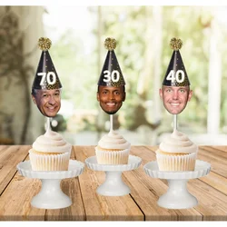 Milestone face cupcake toppers, birthday hat photo cupcake toppers, 30th, 40th, 50th, 60th, 70th birthday cutout, funny hat cake