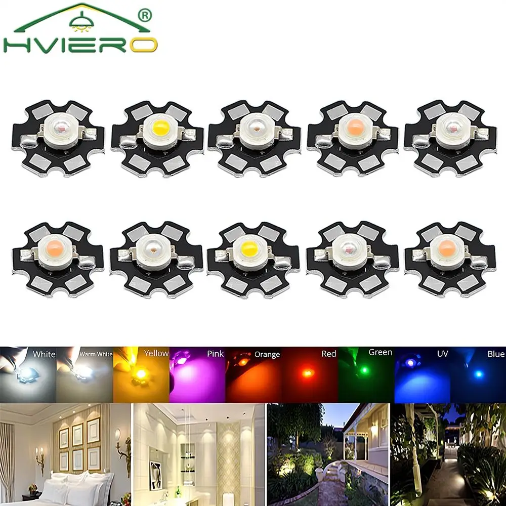 10X 20mm 3V 1W 3W High Power Chip Light Bead White Red Blue Green Led Beads Emitter LED Bulb Diodes Lamp with Star Min Heatsink