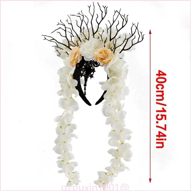 57qa Gothic Flower Horn Stirnband Schädel Cosplay Halloween Rollenspiele Kopfschmuck Proms Party Live Show Kopfbedeckung – Detail 6