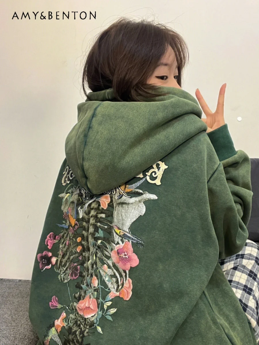 

2025 Autumn New American High Street Retro Style Floral Print Loose Soft Oversize Suede Green Hoodie Cotton Black Sweatshirt