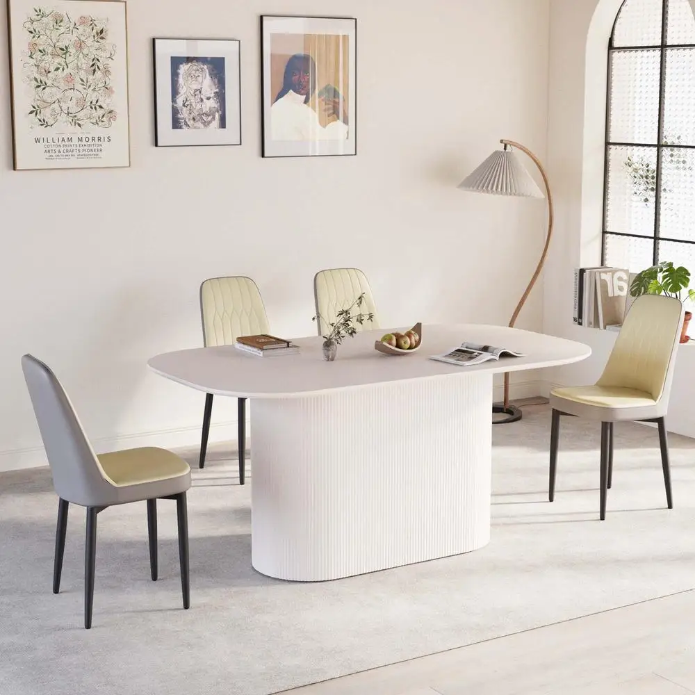 63 inch crèmekleurige moderne MDF eettafelset met 4 PU lederen stoelen, zwarte metalen poten, ergonomische gedempte zitplaatsen voor thuis