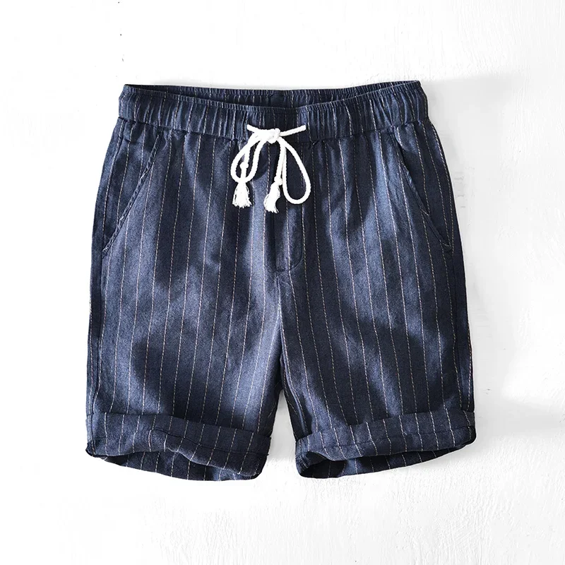 Cotton Linen Shorts for Men 2023 New Fashion Striped White Loose Holiday Shorts Man Casual Plus Size Drawstring Short Pants