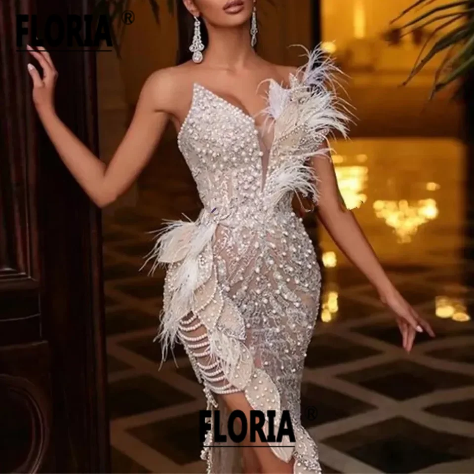 Wunderschöne Perlen Feder 3d Applikationen Abschluss ball Party Kleider formelle Gelegenheit Kleid Dubai Meerjungfrau formelle Abendkleider Robe de Soirée