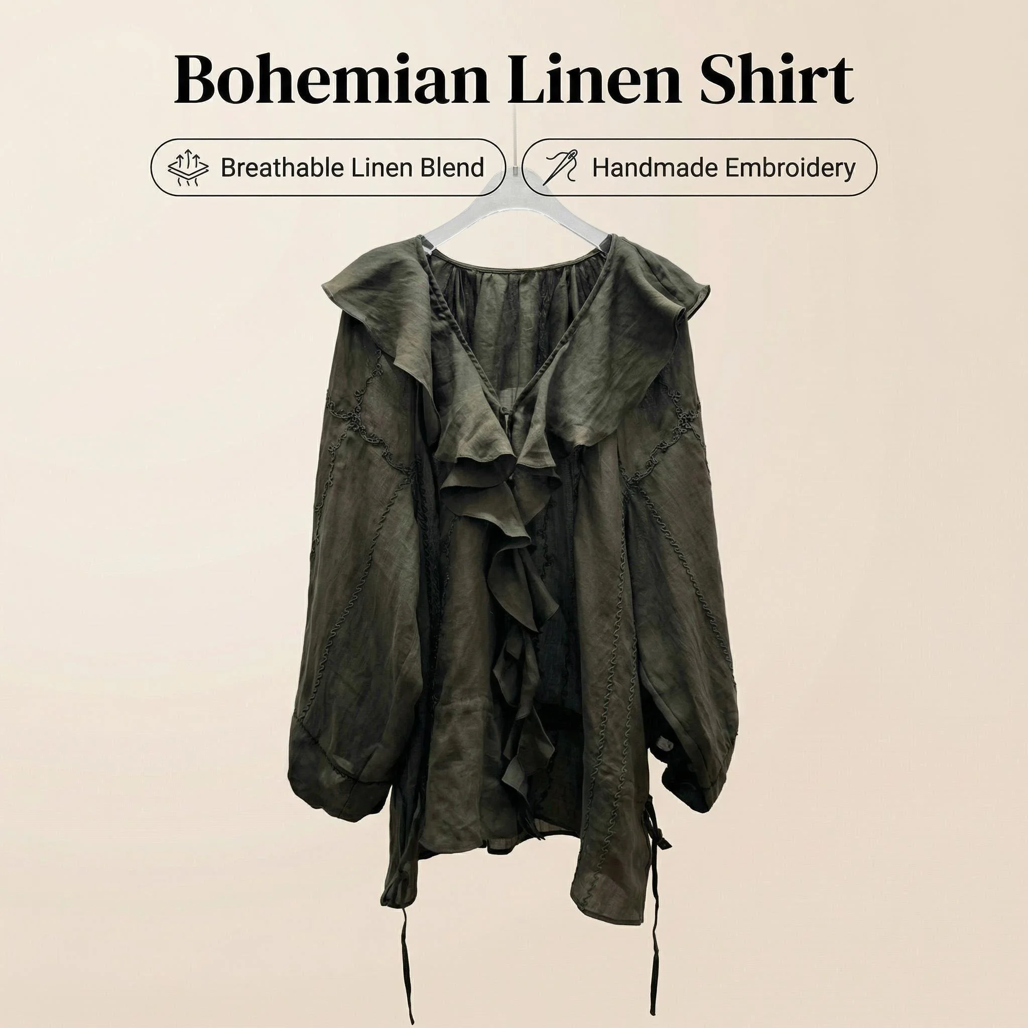 

Women's 2026 Spring Summer Loose Casual V Neck Lace Up Ruffled Edges Long Sleeve Blouse 100% Linen High Quality Chic Shirt Top