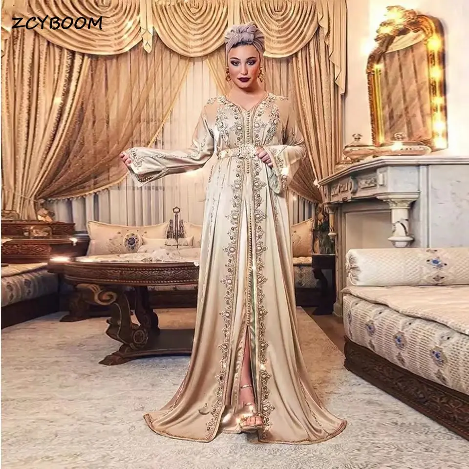 Customized Luxury Moroccan Caftan Formal Evening Dresses V-Neck Sparkly Crystal Beaded Arabic Muslim Party Guest Banquet Gowns