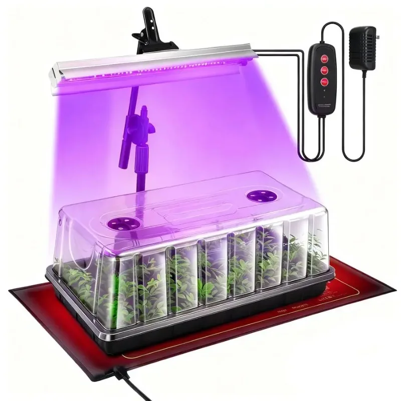 Seed Starter Tray, Seed Starter Kit with Grow Lights and Heat Mat, Indoor Seedling Trays Kit, 5.9 inch High Humidity Dome, 96 LE