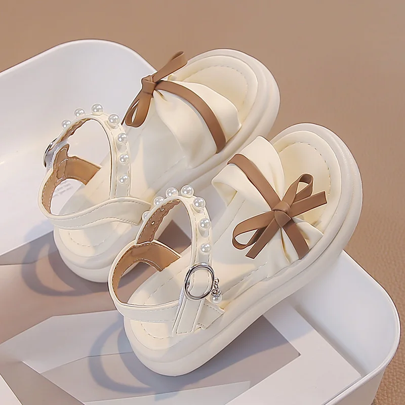 2026 New Summer Toddler Bowknot Beach Shoes Princess Girls Leather Sandals with Beaded Strap Soft Sole Classic Elegant Party