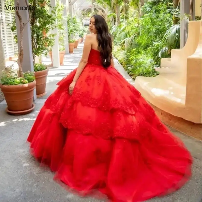 Rouge scintillant Quinceanera robes de bal 2021 épaules dénudées dentelle appliques paillettes robe de bal Tulle fête douce 16 robe Quincea?era