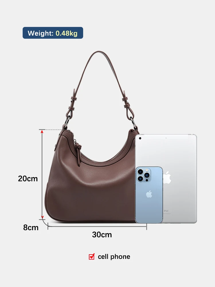 Zency New Half-moon For Women Underarm Hobo Bag  Genuine Leather Handbag Shoulder Crossbody Solid Bottom Retro Purse For Girls