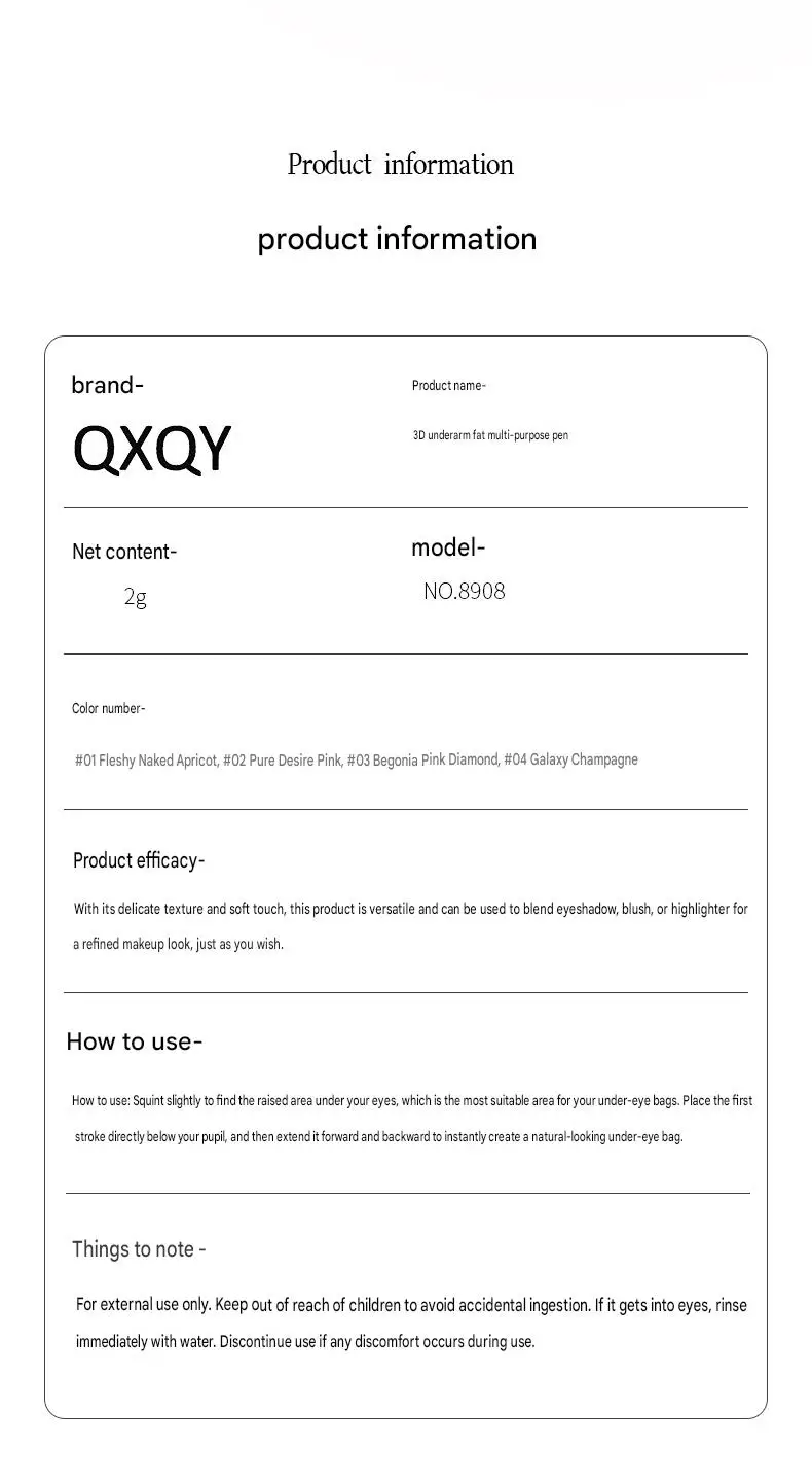 QXQY 3D Unter-Augen-Highlighter-Stift Wasserfest Verwischungsfest Langanhaltend Multifunktionaler Eyeliner Aufhellender Aegyo Sal Make-up-Stift – Detail 26