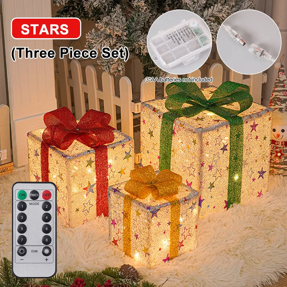 3PCS Luminous Christmas Gift Box 8 Modes Lighted Up Outdoor Christmas Decor With Bow For Holiday Christmas Tree Home Yard Decor