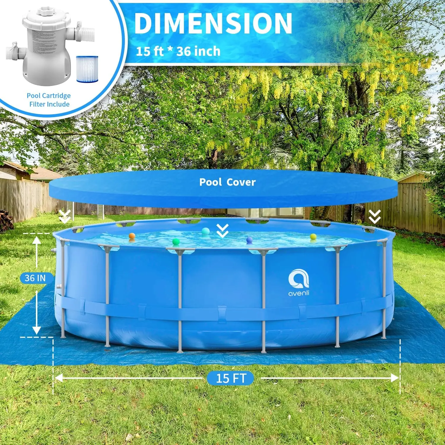 Swimming Pool, 15FTx36INCH Above Ground Pool, Outdoor Family Size Round Pool Include 530gal Filter Pump, Ladder