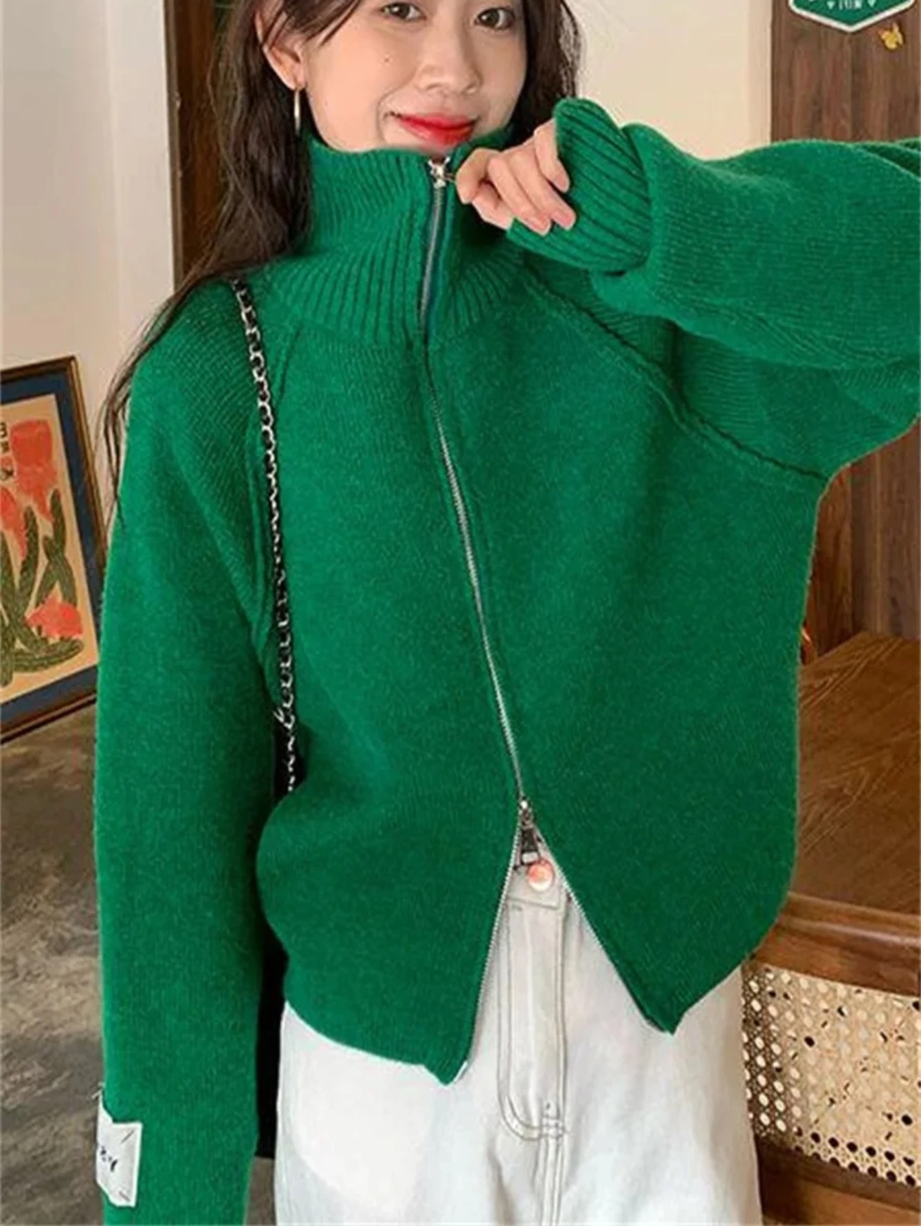 

Zipper Open Cardigan Sweater Women's Korean Sle ort Versatile Top Spring Autumn Color Commute Wind