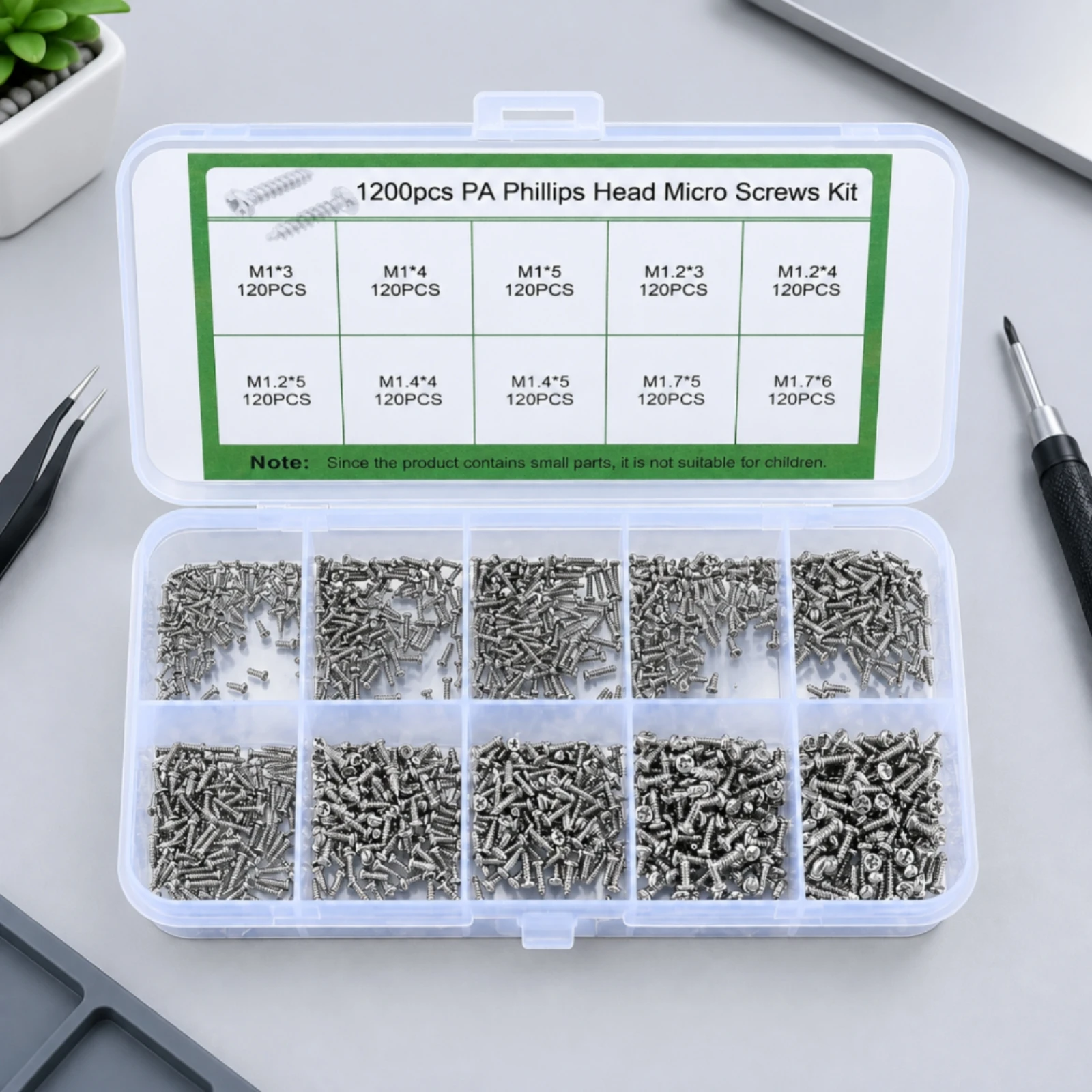 1200 Pieces Miniature Phillips Self-Tapping Screw Set Light-Duty Small Silver-Tone Metal Screw Assortment