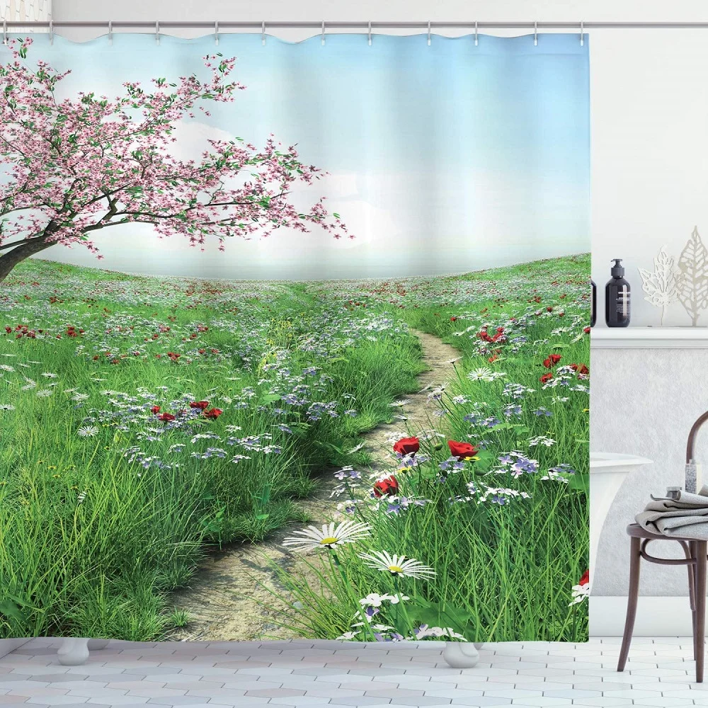 

Flower Shower Curtain Pathway Cherry Blossom Tree Green Wildflowers Sky Grassland Nature Village Waterproof Fabric Bath Curtains