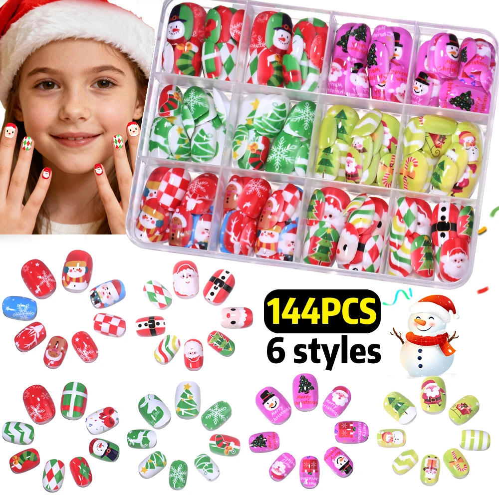 

1Box=144pcs Christmas Children Press on nails Red Green Square Round Kids Fake Nails Cute Snowman Santa Claus Xmas False Nails&#
