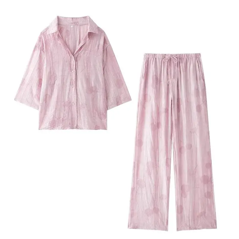 

Women Fashion Set Spring Summer Jacquard Print Shirt Loose Pants Elegant Casual Outfit Stylish Ladies Clothing Plus