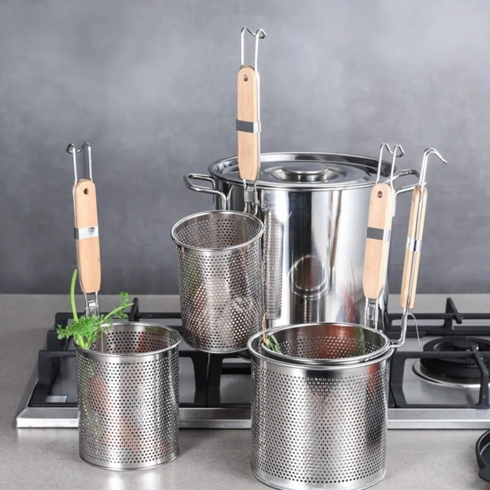 Embudo de Acero Inoxidable Grueso y Duradero, Utensilios de Cocina, Colador Multifuncional para Pasta, Cesta para Pasta con Mango de Madera, Embudo para Fideos
