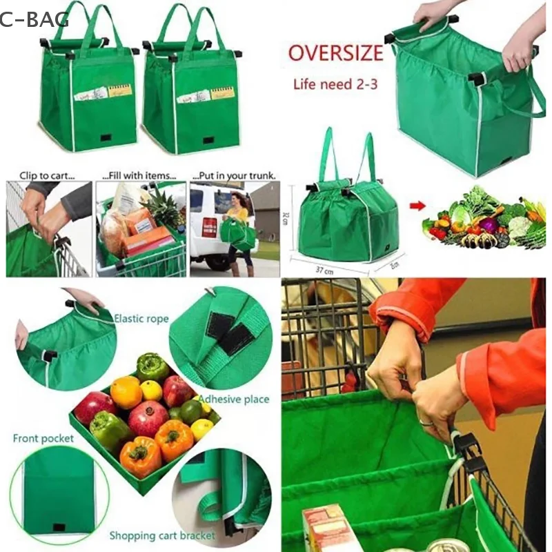 

Reusable Shopping Trolley Bags Grab And Go Bag Heavy Duty Grocery Tote Bags Collapsible With Handles Clip On Shopping Cart