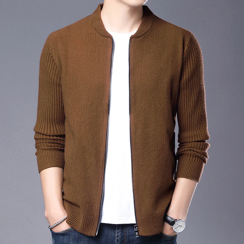 wool Men's knitted cardigan 2022 spring and autumn new long sleeve zipper with baseball collar sweater coat